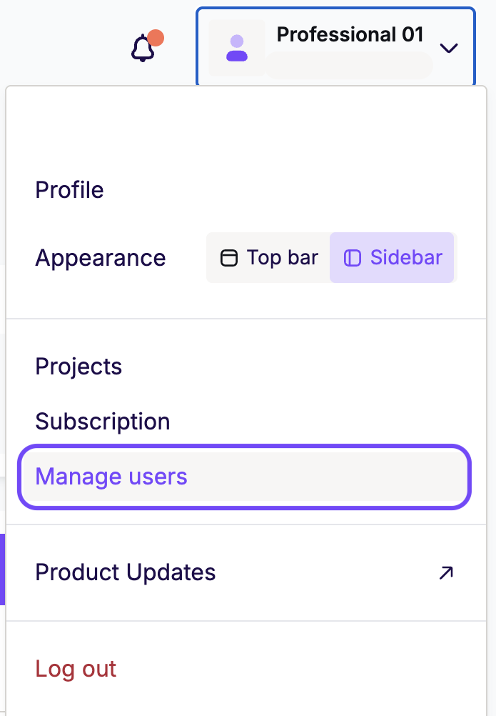 This image shows the top-right drop-down menu of an RGE Studio account, the manage users option is highlighted