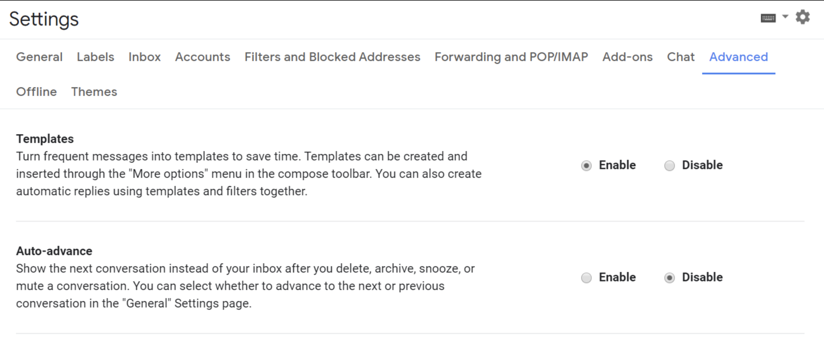  This image shows the settings page of a Gmail account, the templates feature is enabled.