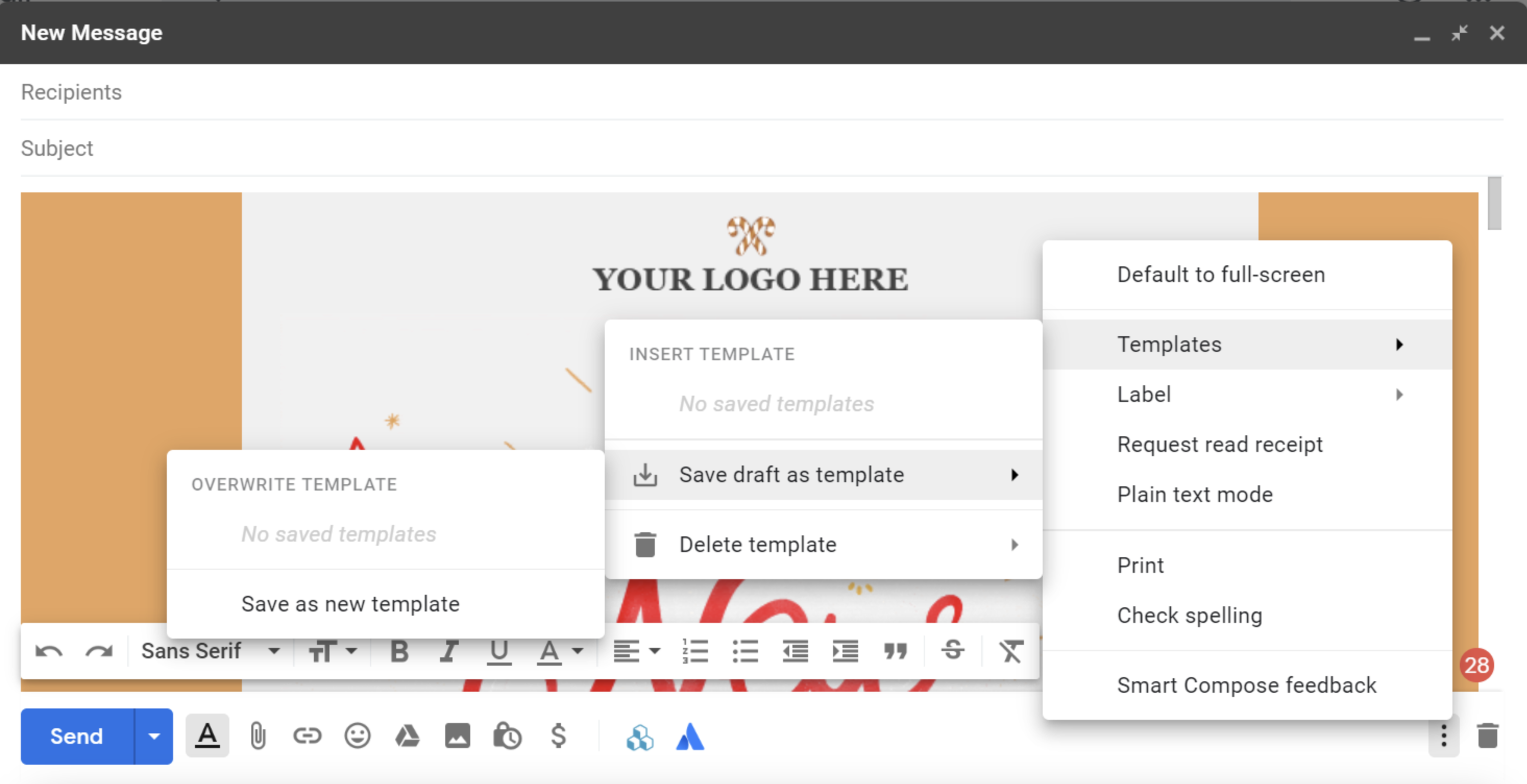  This image shows a template opened in Gmail, there are various modals guiding you to save the template.