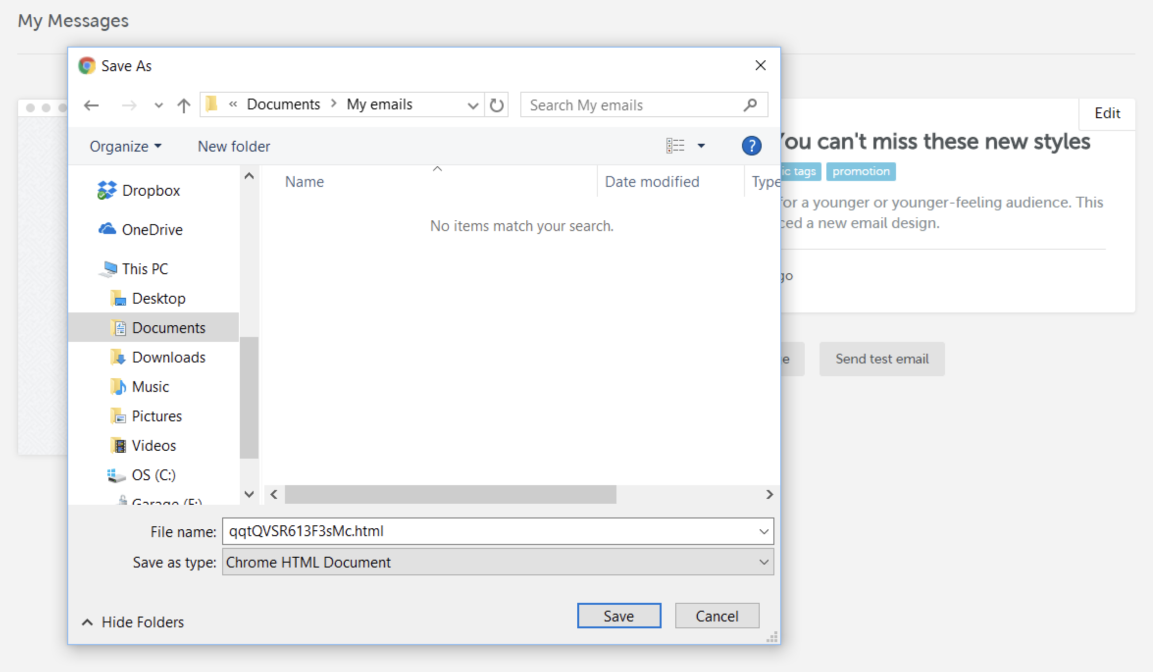  This image shows a Chrome modal that prompts you to save the HTML file to your computer.