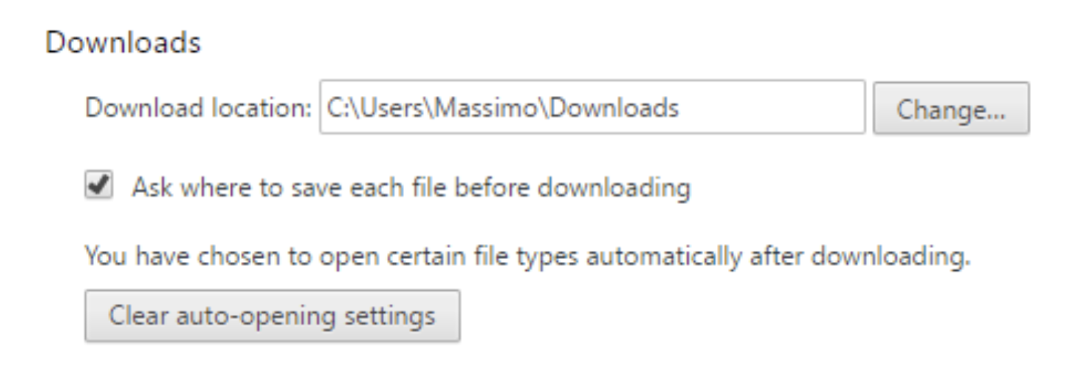  This image shows the Chrome modal where you can change your browser settings so that it always asks you where to save a file.