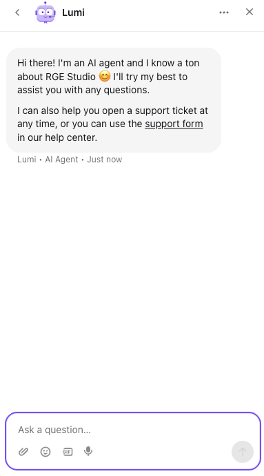 The Lumi chat window. Lumi's opening message states it can answer questions and help open a support ticket. At the bottom is an Ask a question input field.