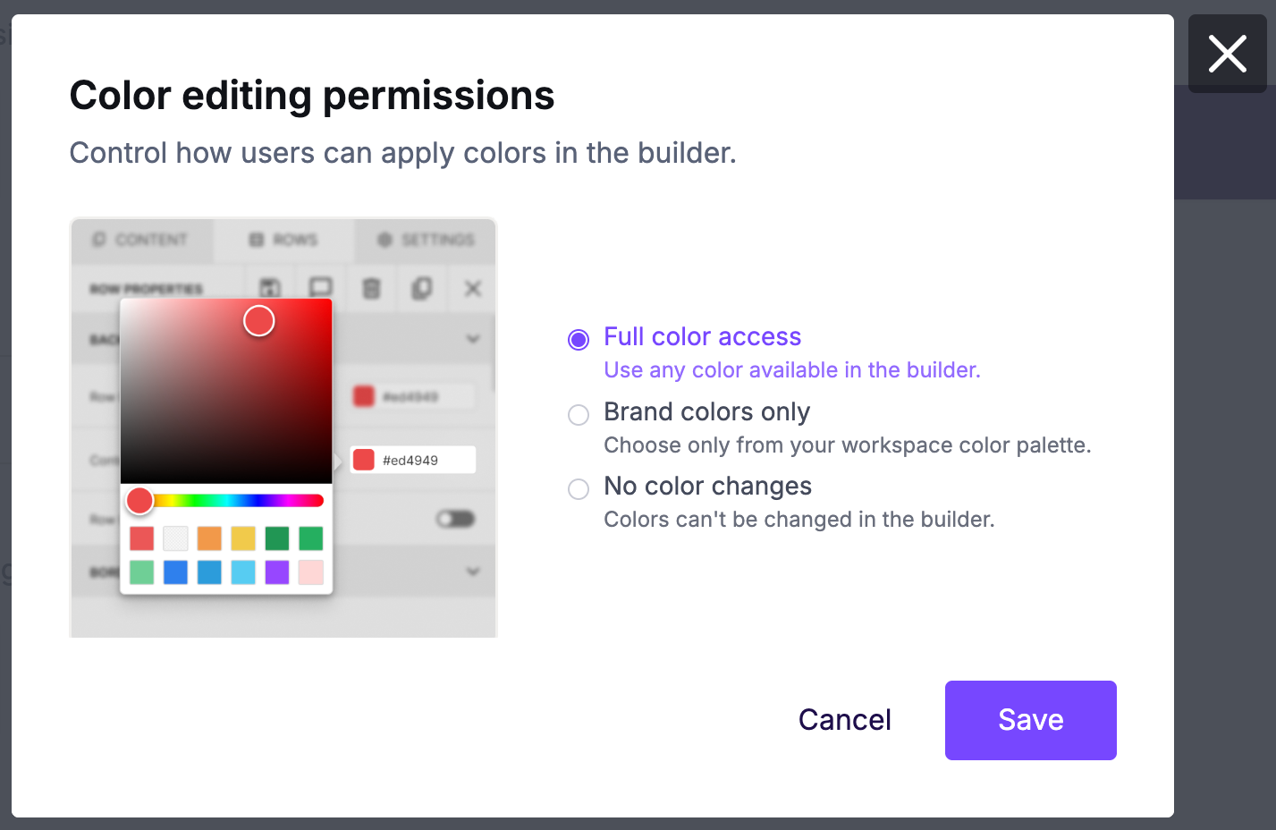 this image shows the modal where you can see the color editing permissions