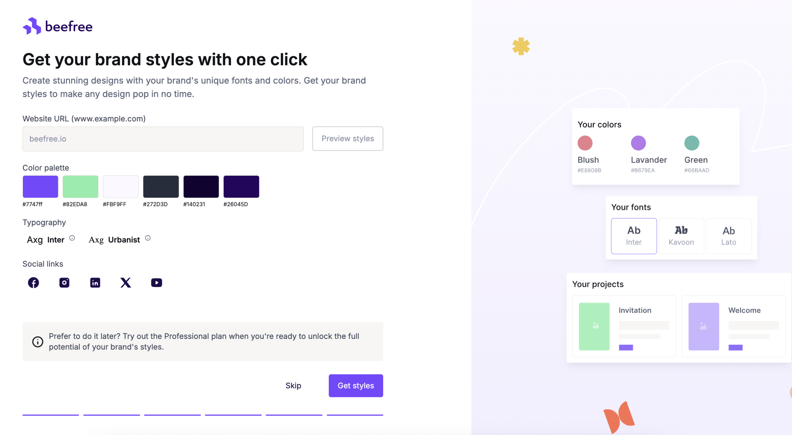 this image shows a step in the onboarding procedure where you can get your brand styles from your website