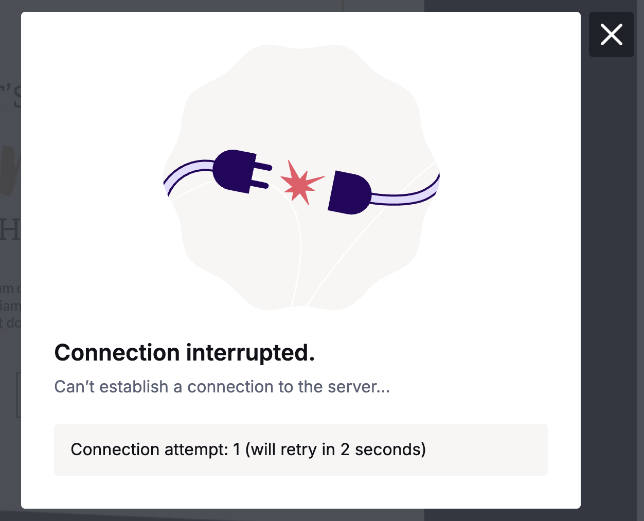 An error message in the editor indicating the internet connection was interrupted.