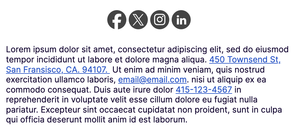 A mailing address, email address, and phone number displayed as blue links in Gmail.