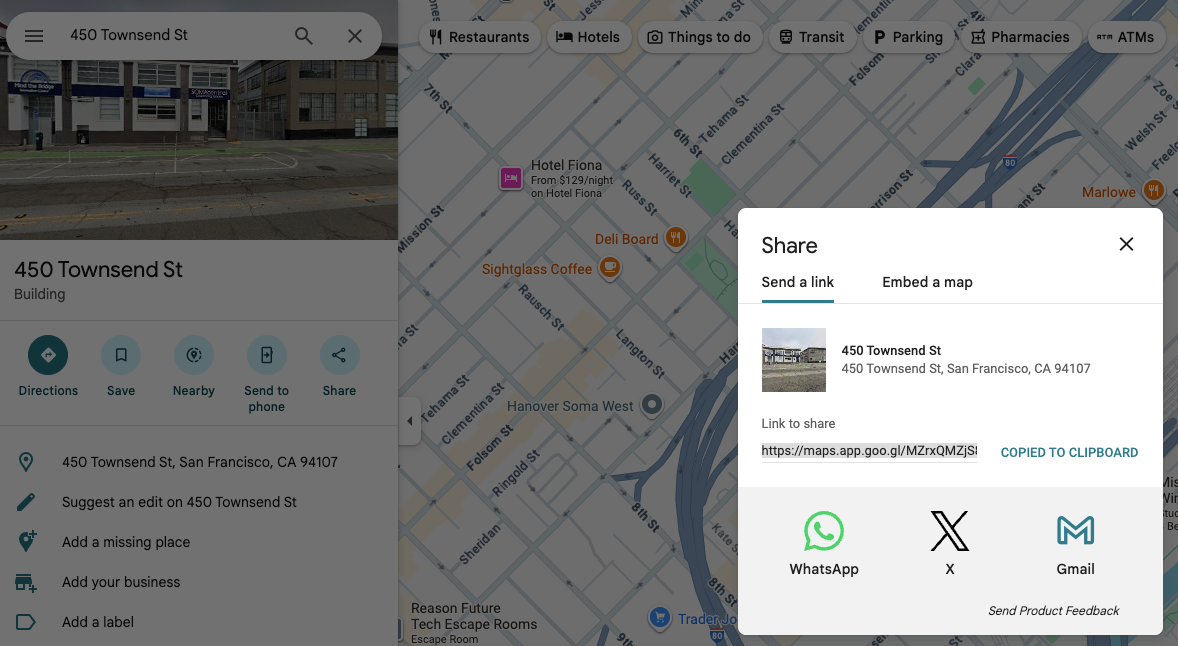 The Share option location in Google Maps.