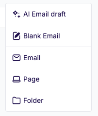 The Create new menu is expanded, showing AI Email Draft at the top.