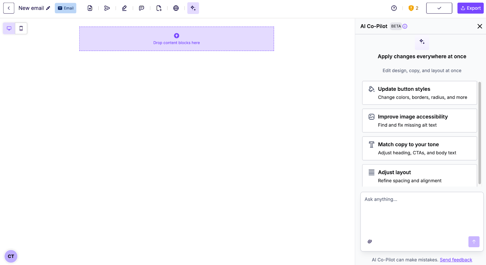 The AI Co-Pilot side panel in the Builder, showing chat and pre-built prompt options.