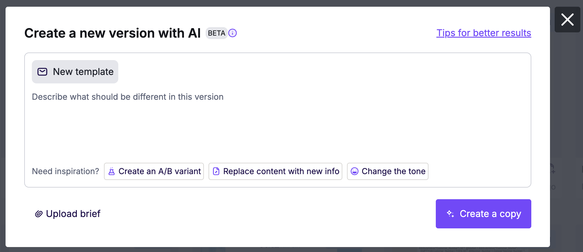 The Make a copy with AI screen. The original design is shown alongside fields for a prompt and file upload.