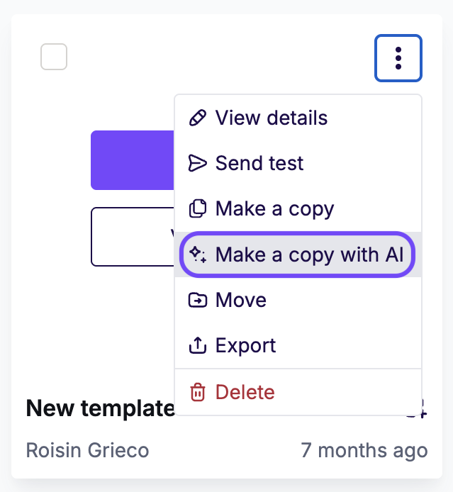 An email's Edit menu, showing the Make a copy with AI option.