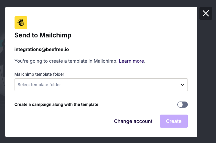 The Mailchimp export modal showing folder and campaign options.