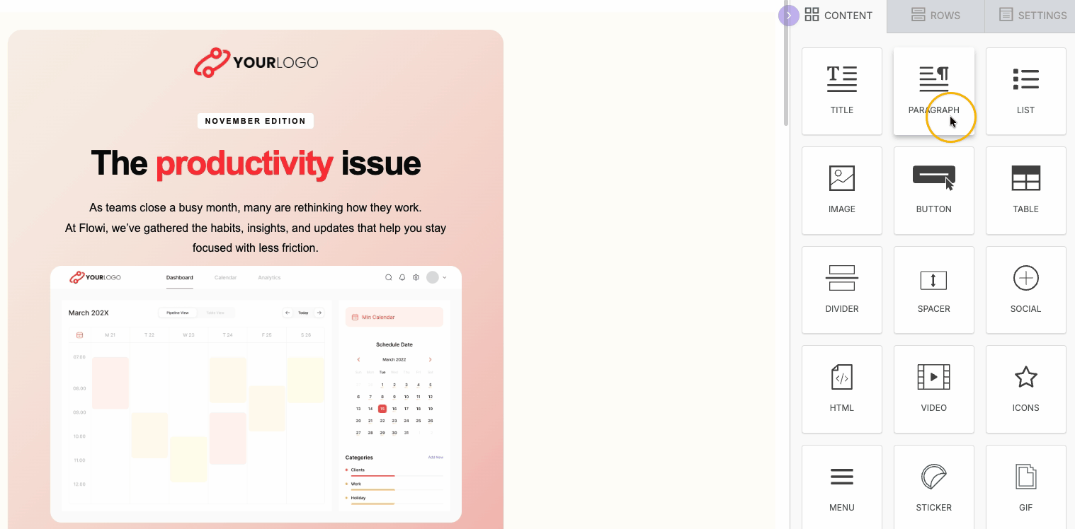 A button content block is dragged and dropped onto the builder stage.