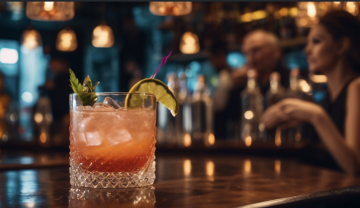 AI-generated photograph of a stylish cocktail bar with a cocktail in the foreground and people in the background