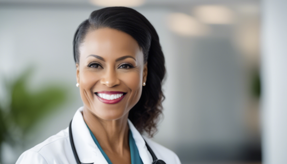 AI-generated professional headshot of a smiling Black nutritionist in professional attire with a neutral background