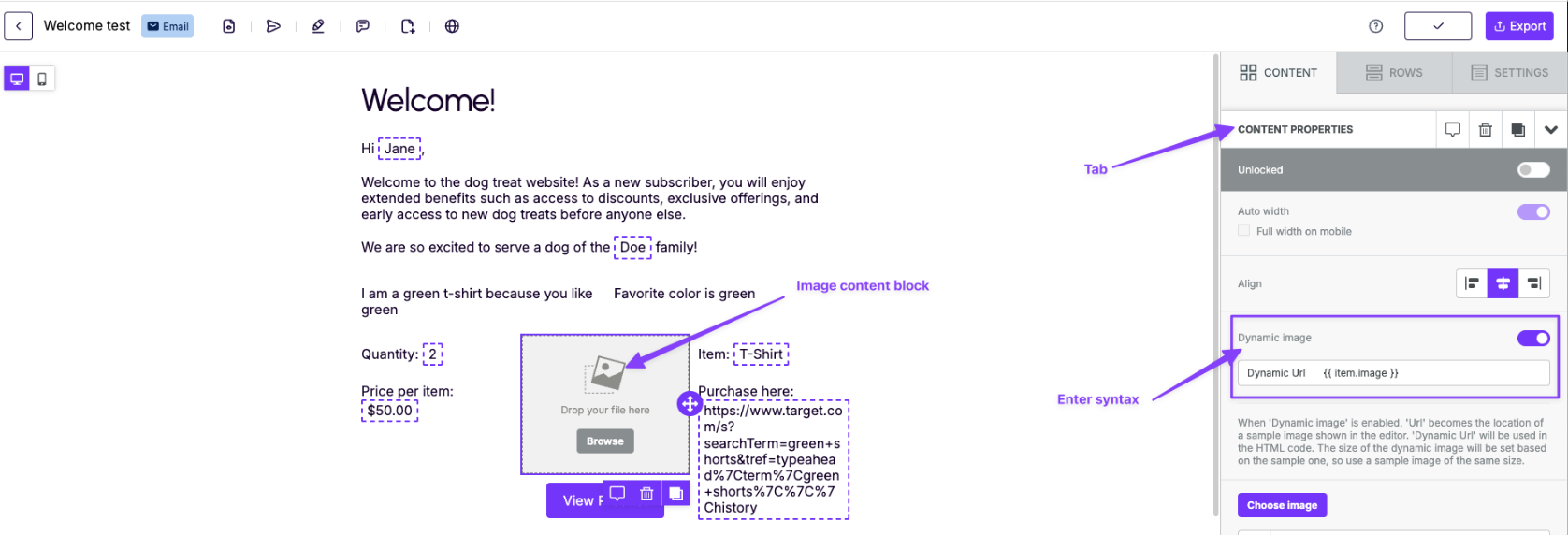 Image content block in RGE Studio with Dynamic image enabled and item.image syntax in the Dynamic url field