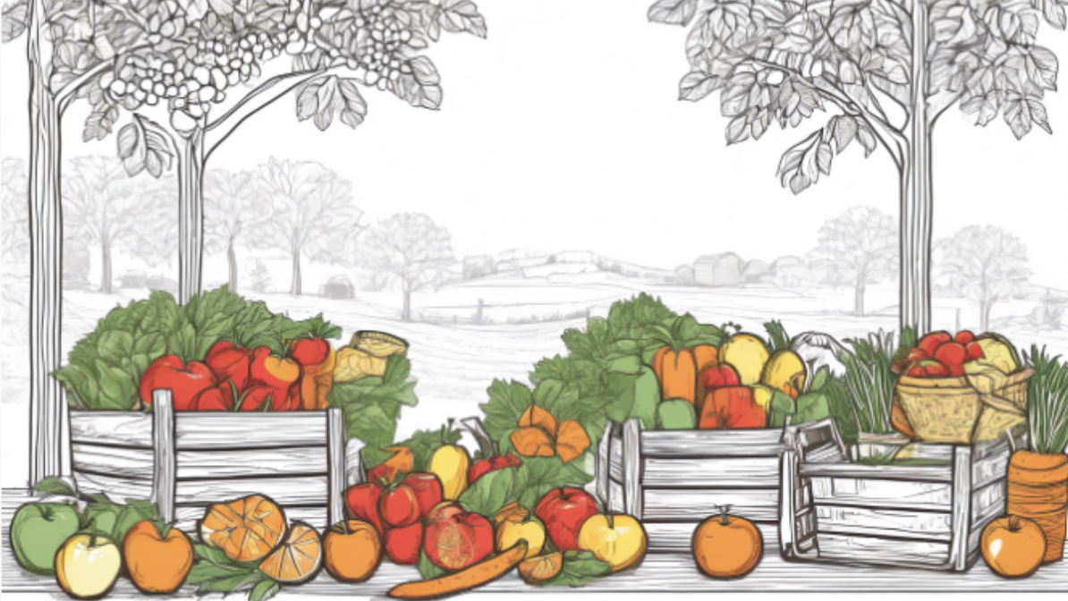 AI-generated illustrated market background with colorful fresh produce displayed in baskets and crates