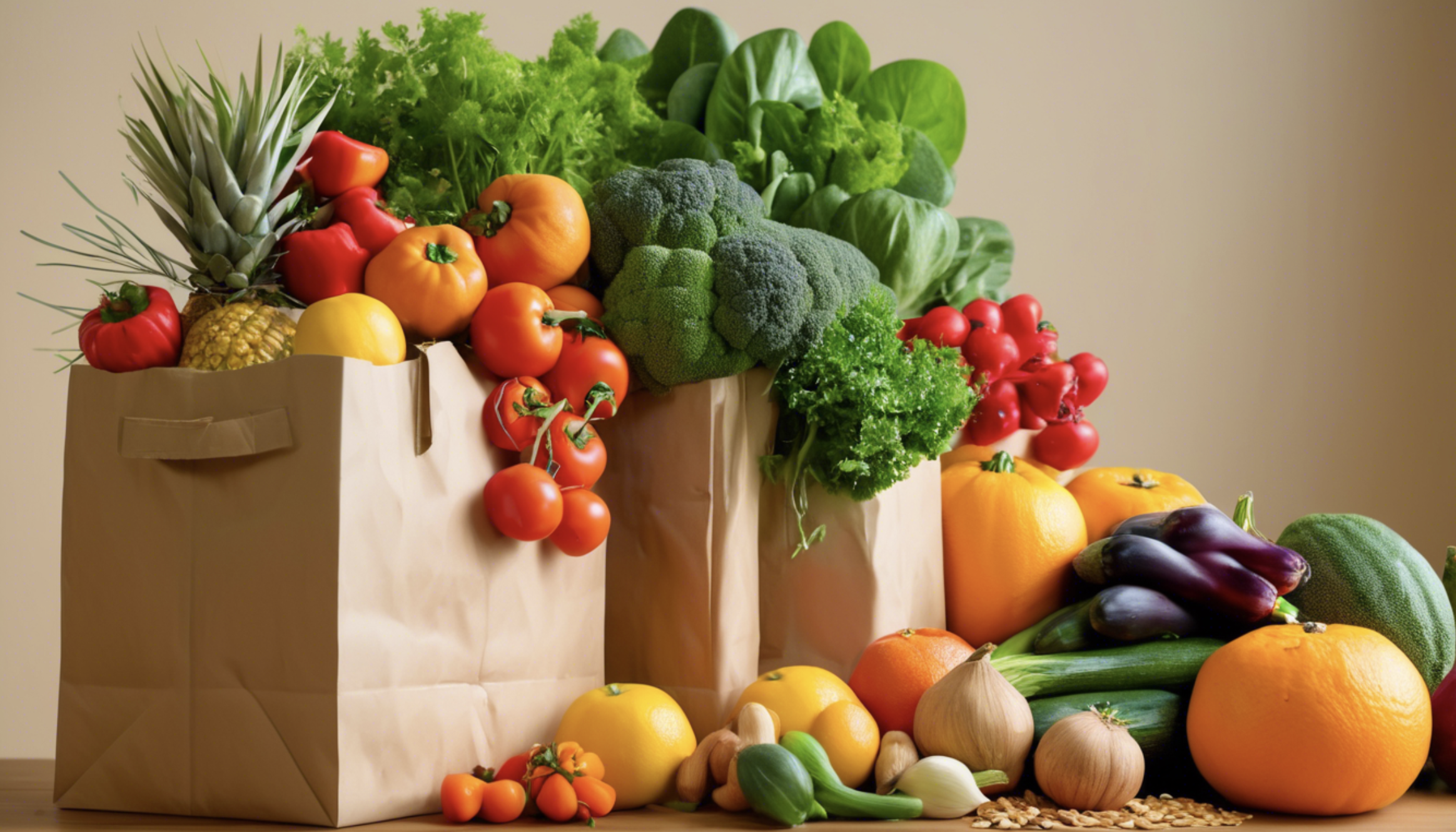 AI-generated image of a paper bag overflowing with colorful fresh produce on a light neutral background