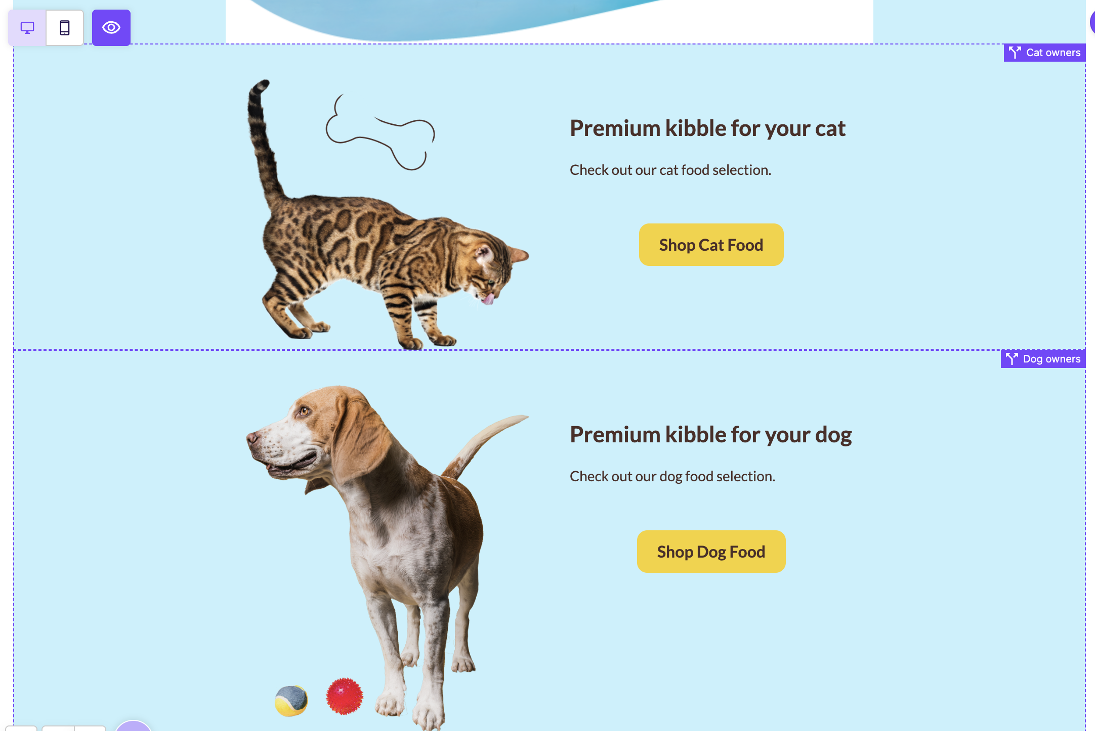 Two rows in the editor stage, each with a dashed border: Cat owners and Dog owners.
