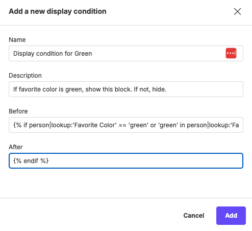 Display Conditions modal in RGE Studio showing the Favorite Color condition with Before and After syntax fields filled in