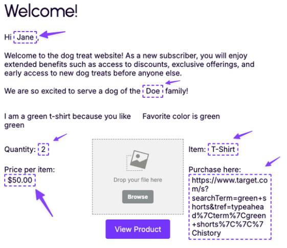 Email row in the RGE Studio builder with merge tags for product name, price, quantity, and a button with a dynamic URL