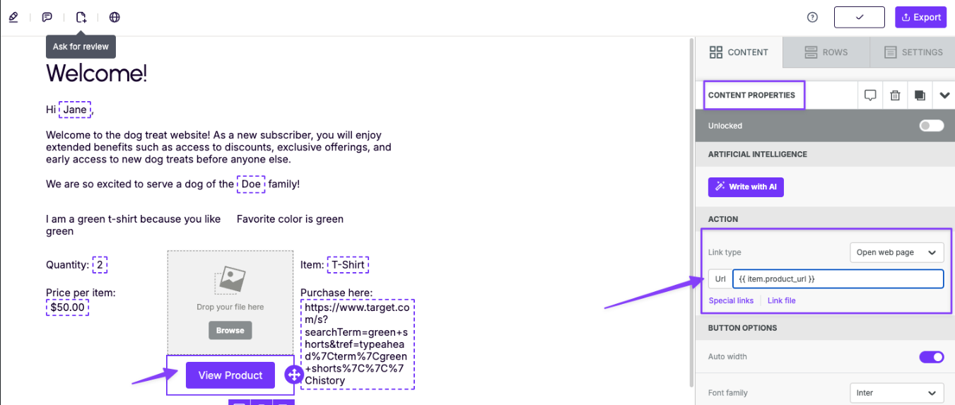 Button content block in RGE Studio showing the Special links option selected in Content Properties