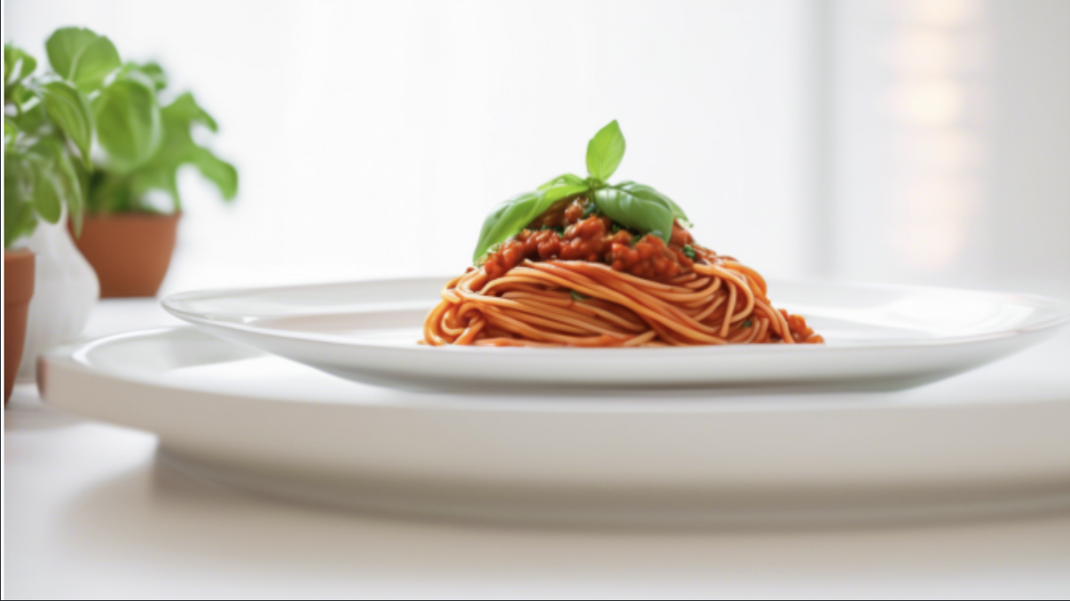 AI-generated image of a plate of spaghetti with vegan ragu garnished with basil on a white plate