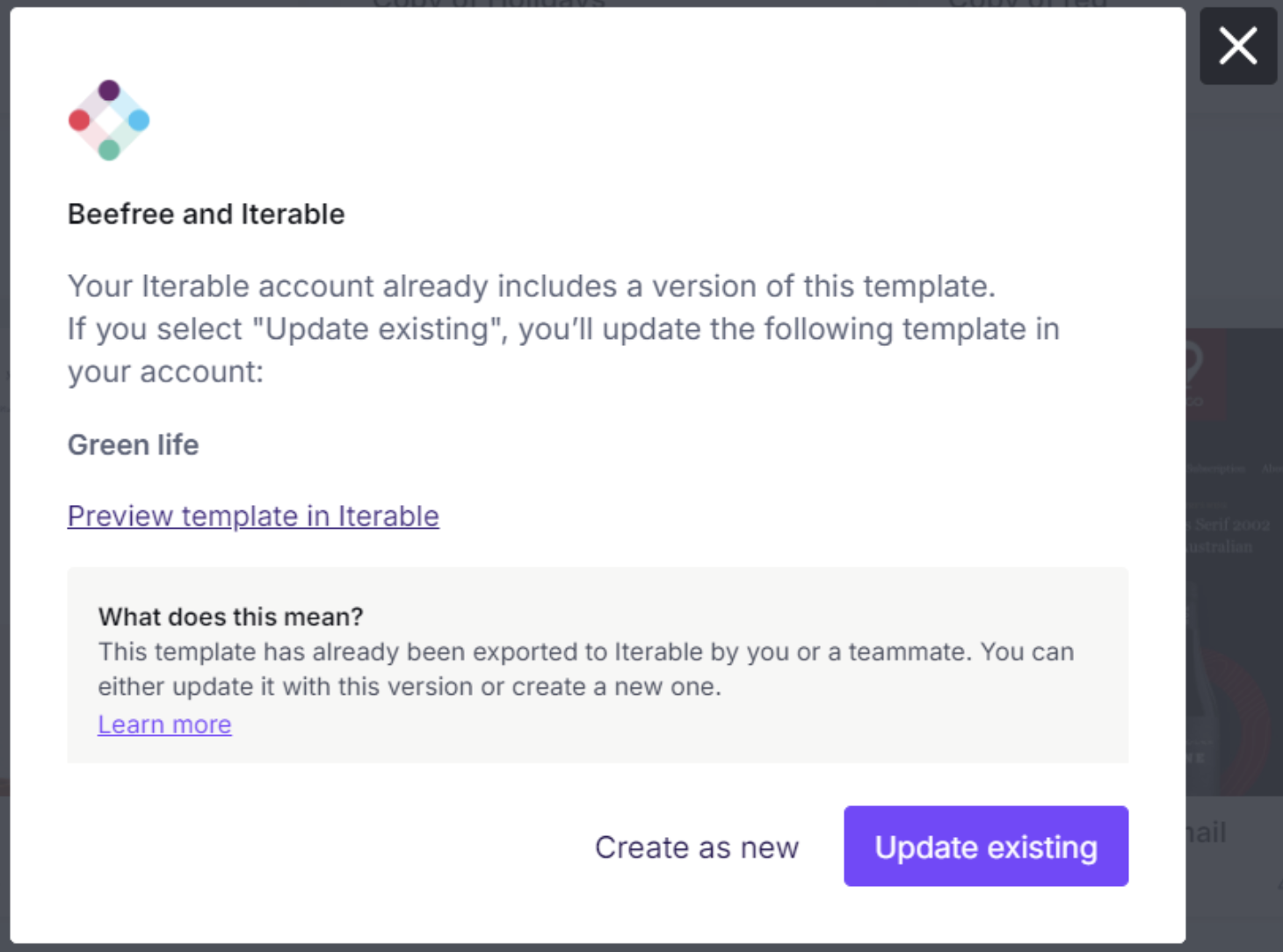 The Export options in RGE Studio with the Update Existing option highlighted.