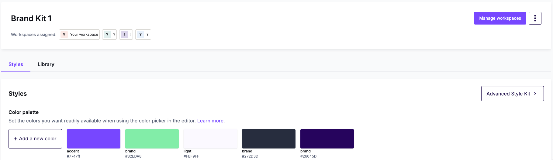 Brand Kit's own Styles tab, where you can update workspace styles for the Brand Kit