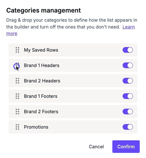 Categories are reordered by dragging them into place in the Categories management modal.