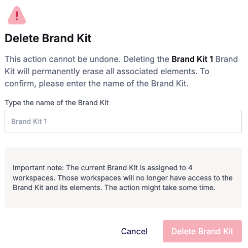 Delete Brand Kit confirmation modal with a field to type the Brand Kit's name