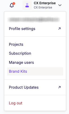 Account menu with the Brand Kits option highlighted