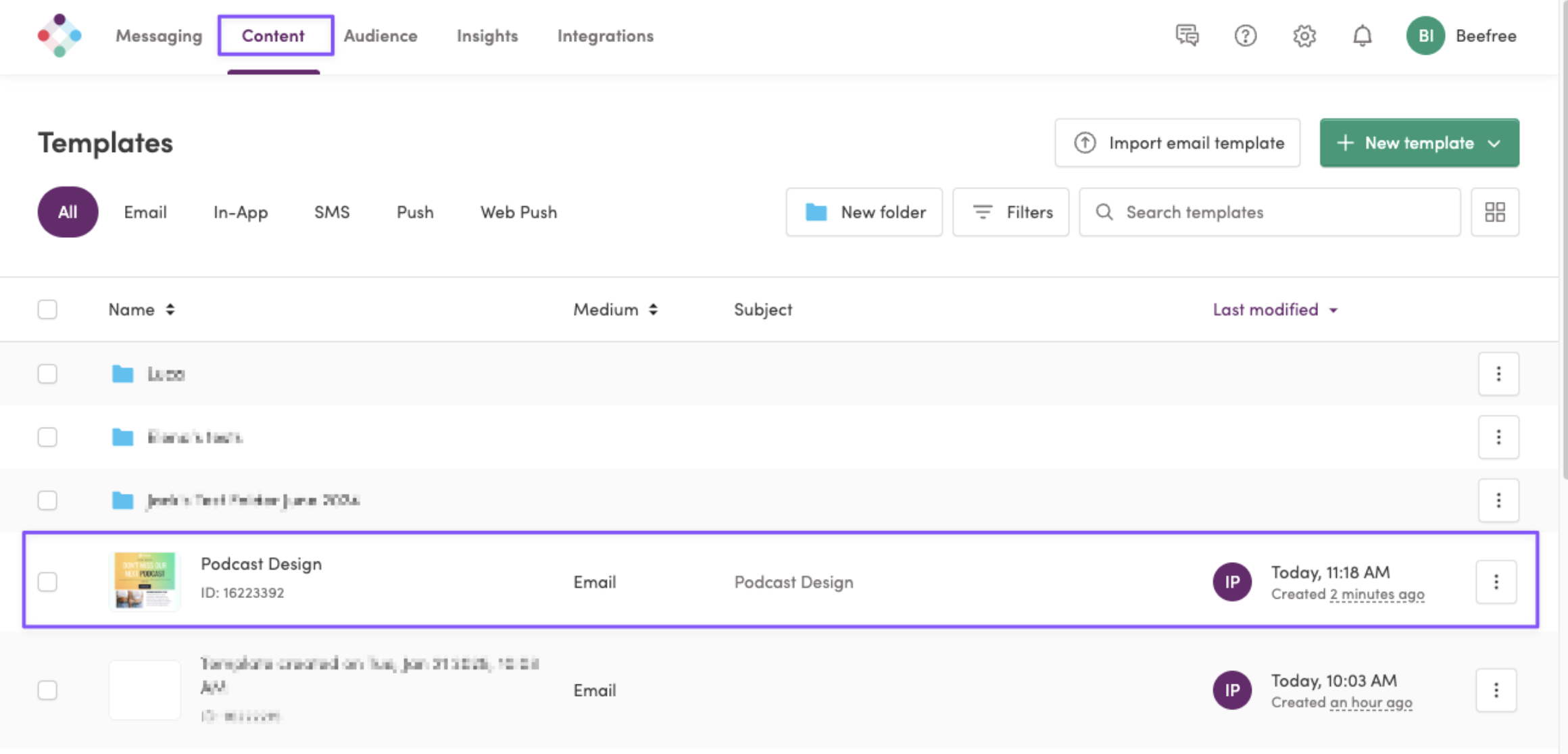 The Content > Templates section in Iterable showing an exported RGE Studio email design.