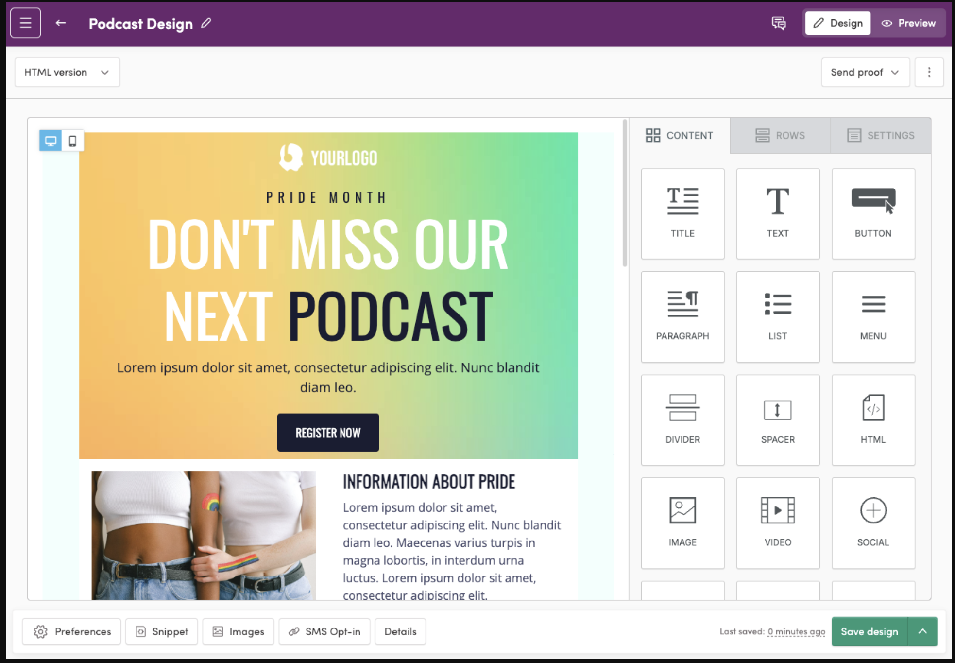 An exported RGE Studio email design open in Iterable's drag-and-drop editor.