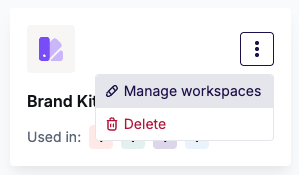 Brand Kit card three-dot menu with the Manage workspaces option highlighted