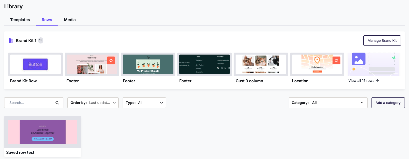Library Rows tab showing a Brand Kit's saved rows grouped above other saved rows