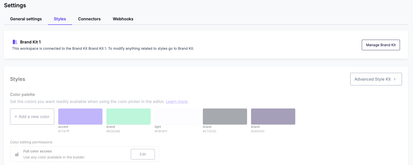 Settings Styles tab showing a prompt to manage the connected Brand Kit and its color palette