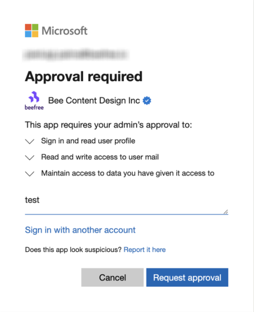 Screenshot of the message that asks for approval when connecting a corporate Outlook account. Obtain approval in Outlook to connect to RGE Studio.