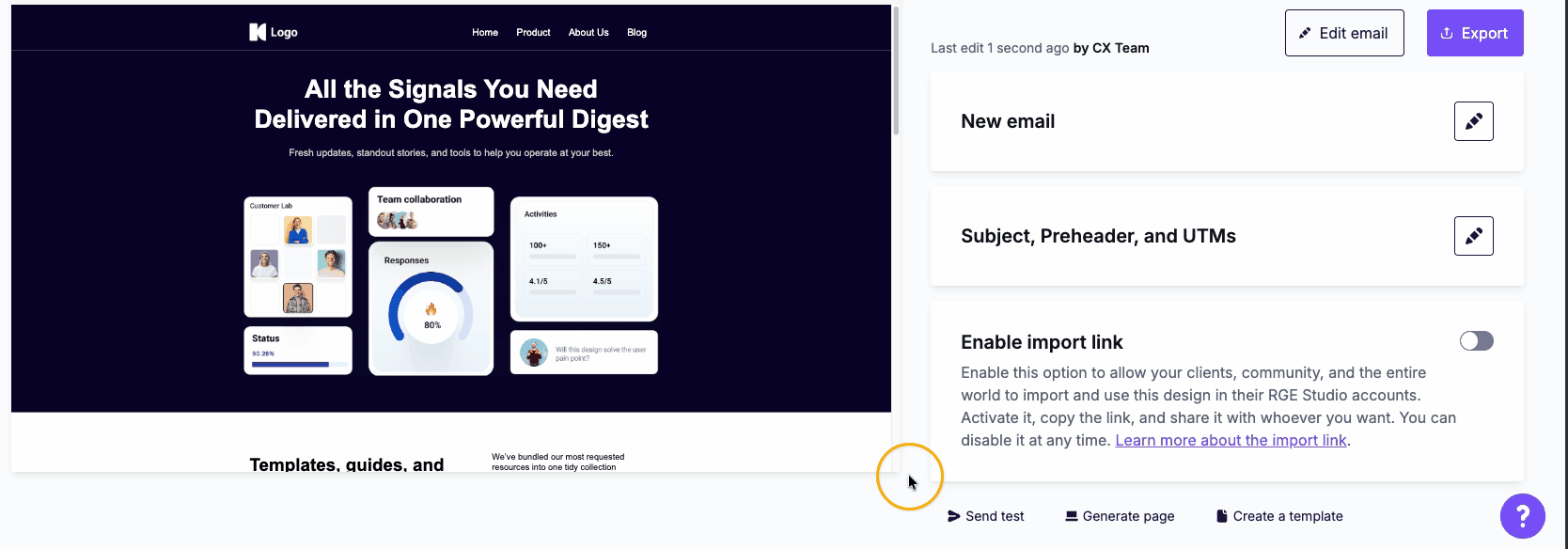 Clicking Send test on the email details page opens a modal that allows you to insert email addresses.